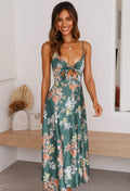 Floral Satin Tie Front Cut Out Spaghetti Strap Midi Dress