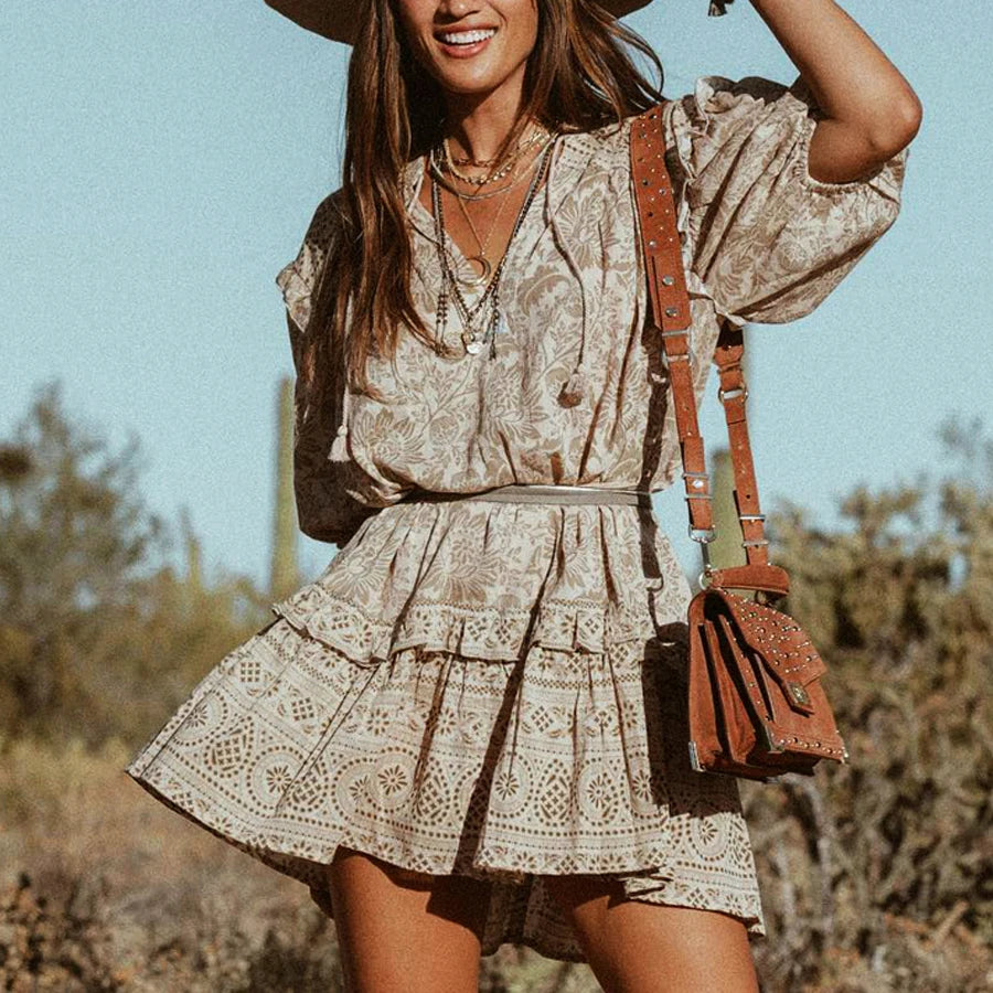 Short Dress Bohemian Retro Sleeveless Flower Pattern Fall Seaside Dress – view 2