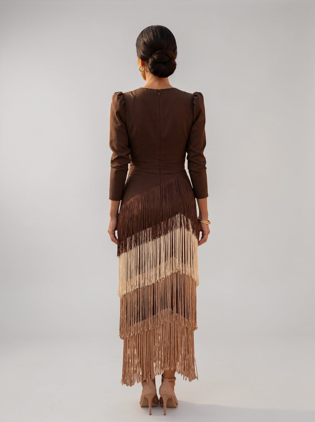 Tiered Fringe V Neck Midi Dress - Formal Evening Gown