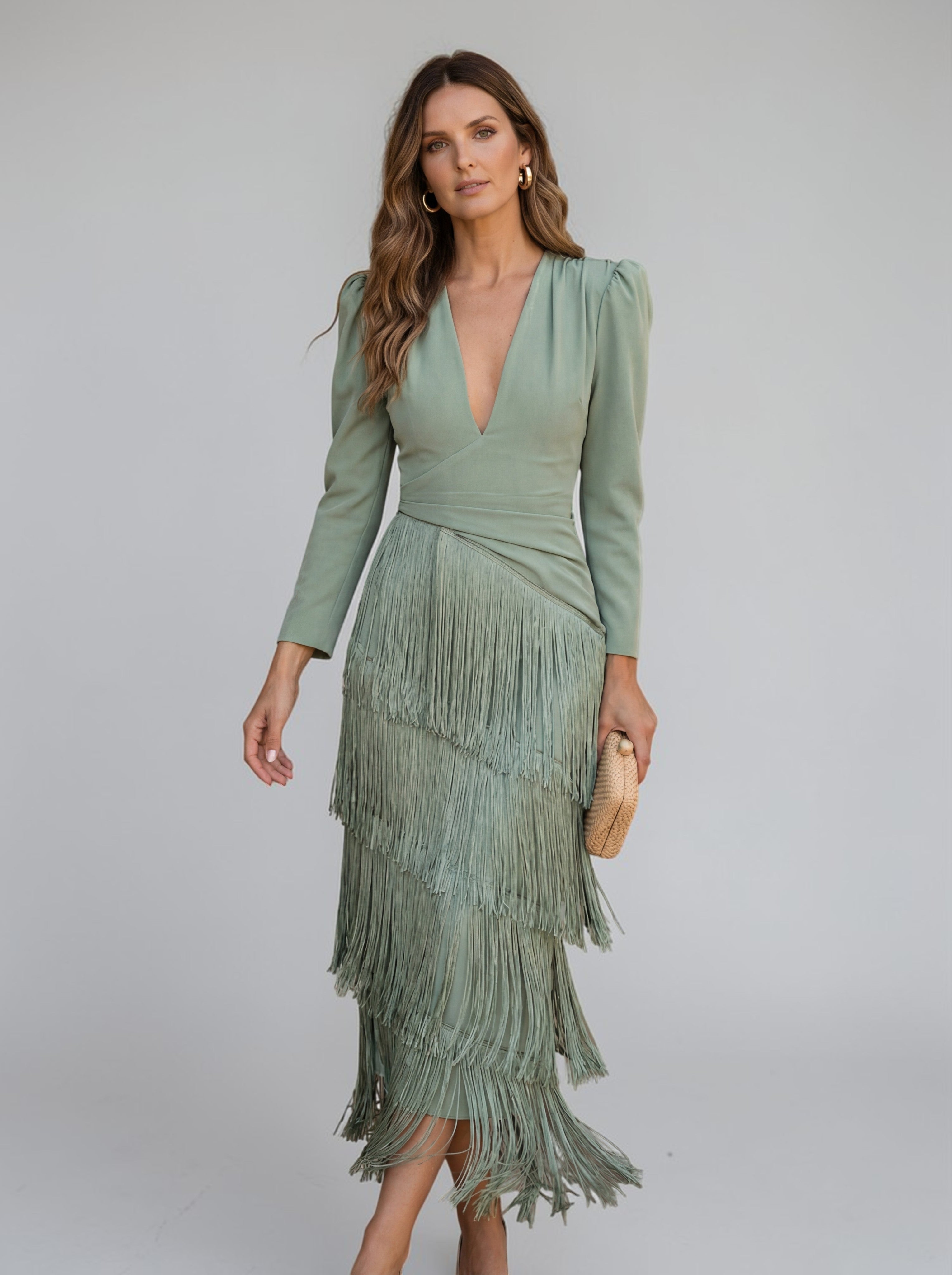 Tiered Fringe V Neck Midi Dress - Formal Evening Gown