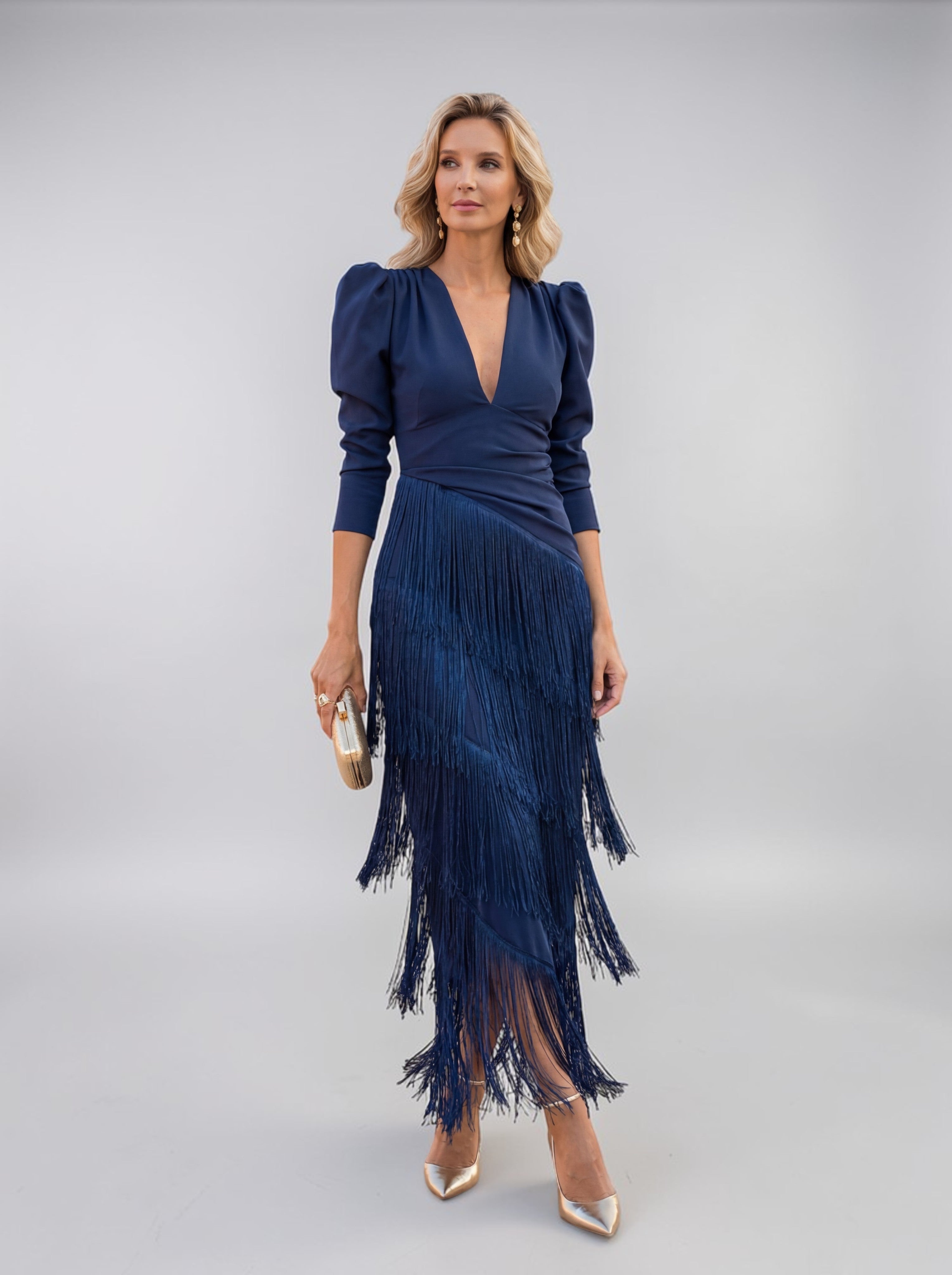 Tiered Fringe V Neck Midi Dress - Formal Evening Gown