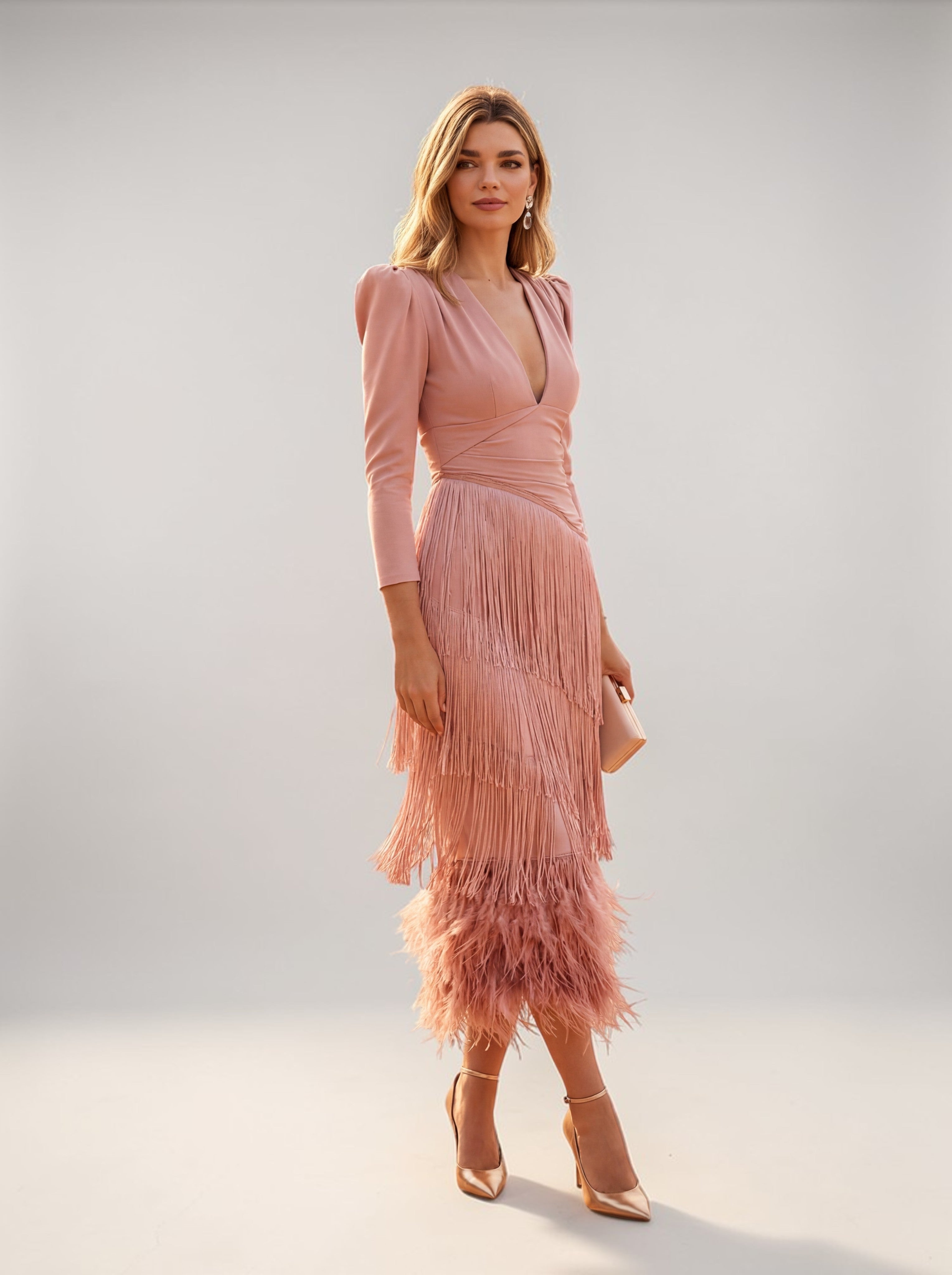 Tiered Fringe V Neck Midi Dress - Formal Evening Gown