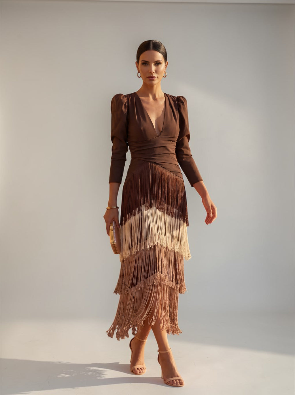 Tiered Fringe V Neck Midi Dress - Formal Evening Gown