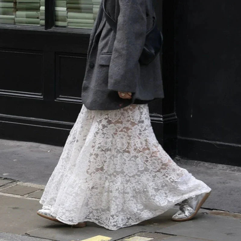 Lace Sheer A-Line Vintage Floral See-Through Skirt