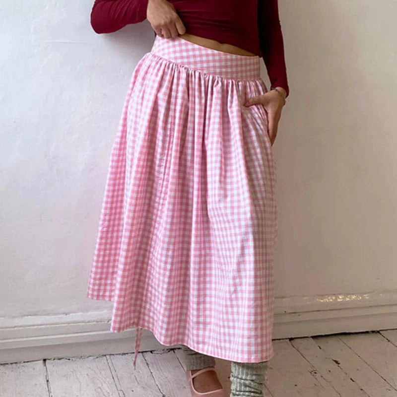 Plaid Drawstring Maxi Skirt