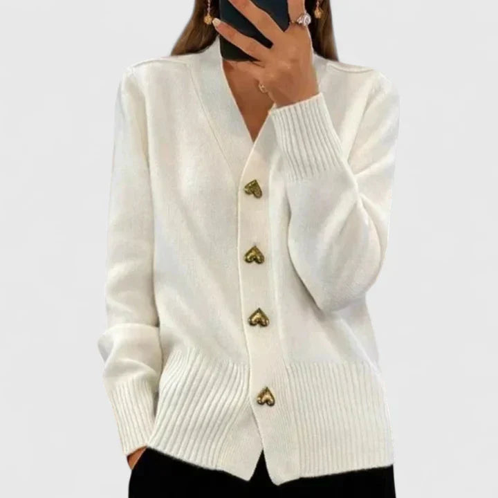 Lillyanne | Women's Cashmere V-Neck Cardigan, Heart Button Detail – Elegant Layering