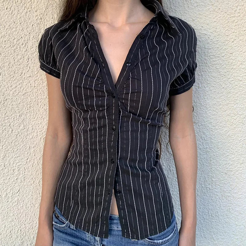 Patterned French Button-Up Fold-down Collar Blouse