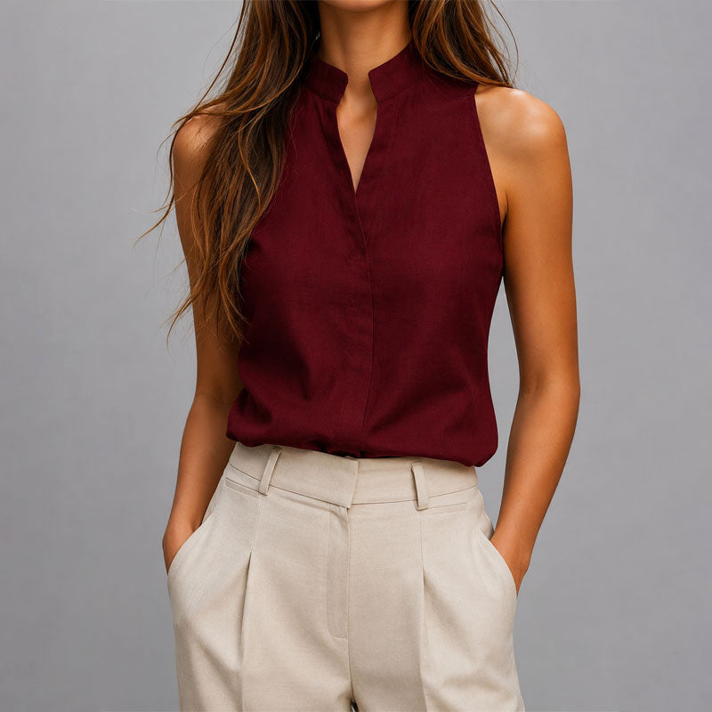 Sleeveless Mandarin Collar V-Neck Blouse
