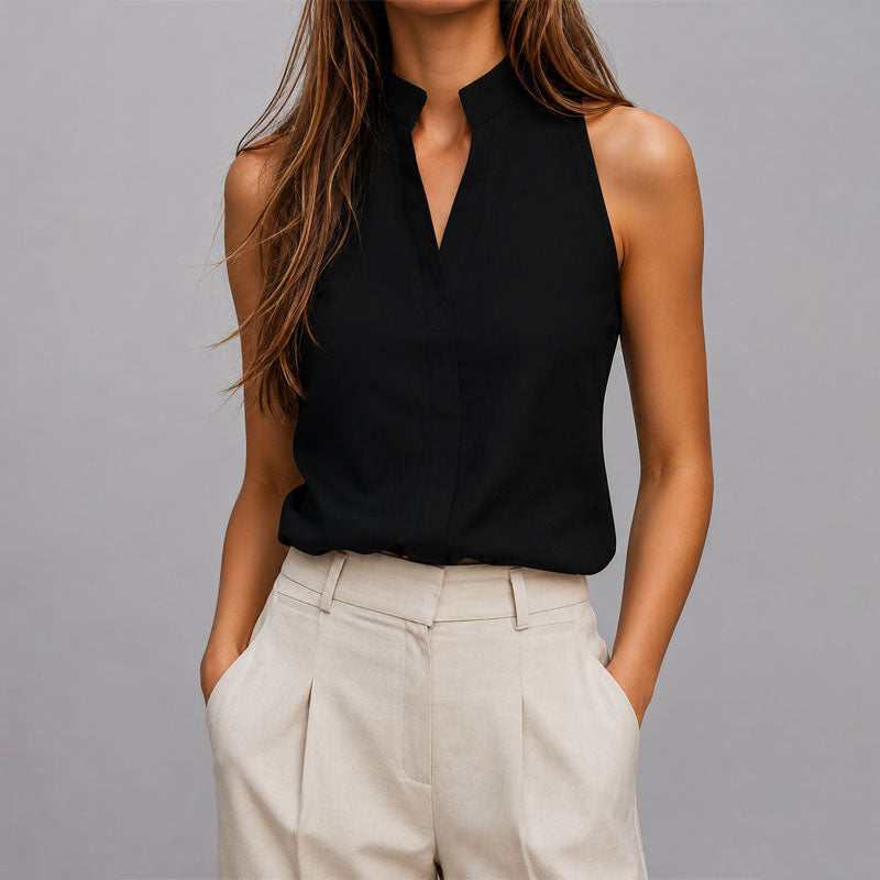 Sleeveless Mandarin Collar V-Neck Blouse
