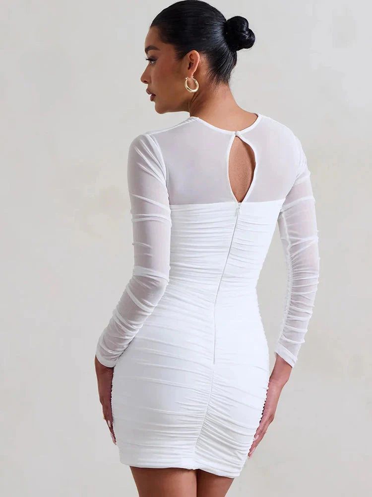 Mesh Pleated Wrap Mini Dress