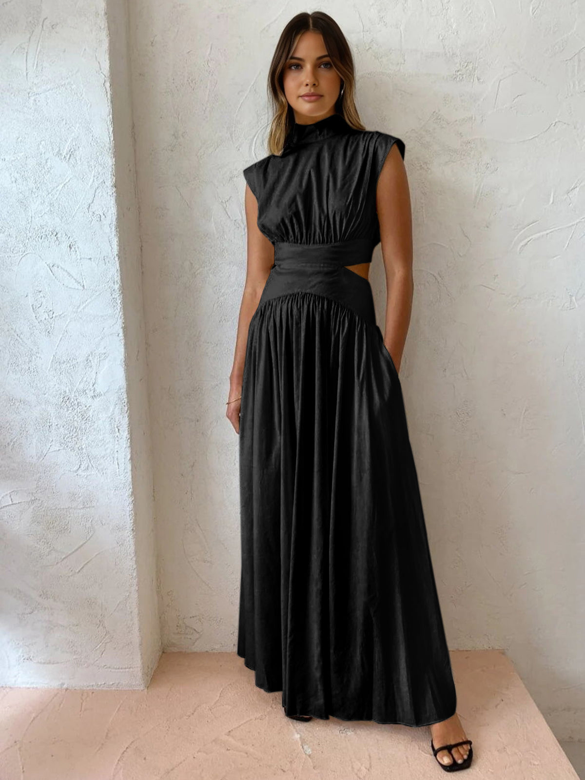 Cut Out Ruched Satin Maxi Dress - Formal Evening Gown