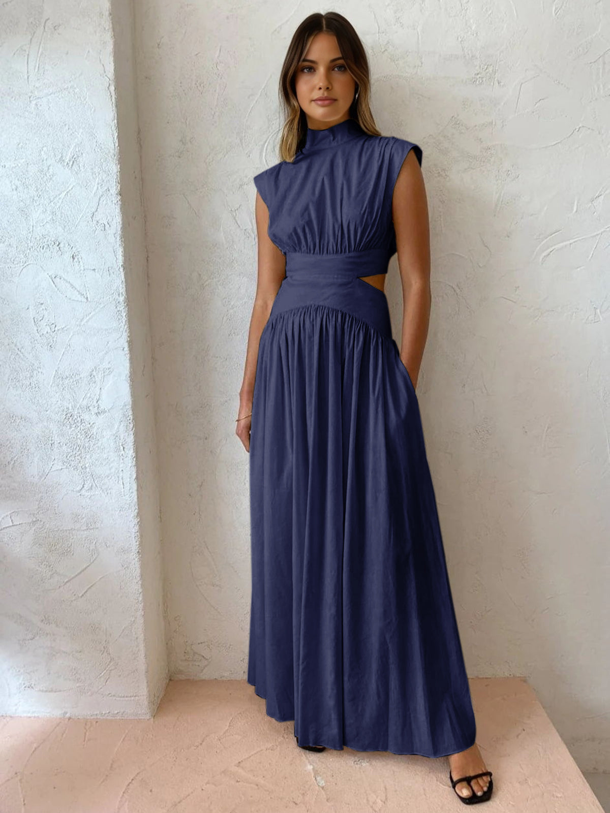 Cut Out Ruched Satin Maxi Dress - Formal Evening Gown