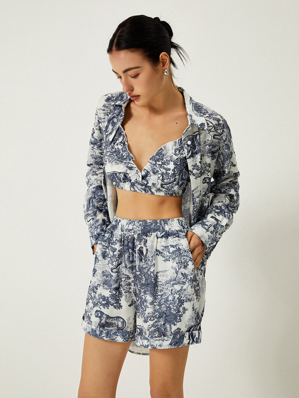 Toile Print Oversized Shirt Bralette Top and Short Three-Piece Set