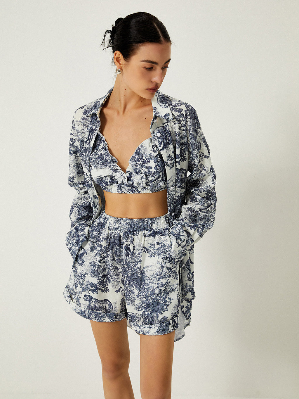 Toile Print Oversized Shirt Bralette Top and Short Three-Piece Set