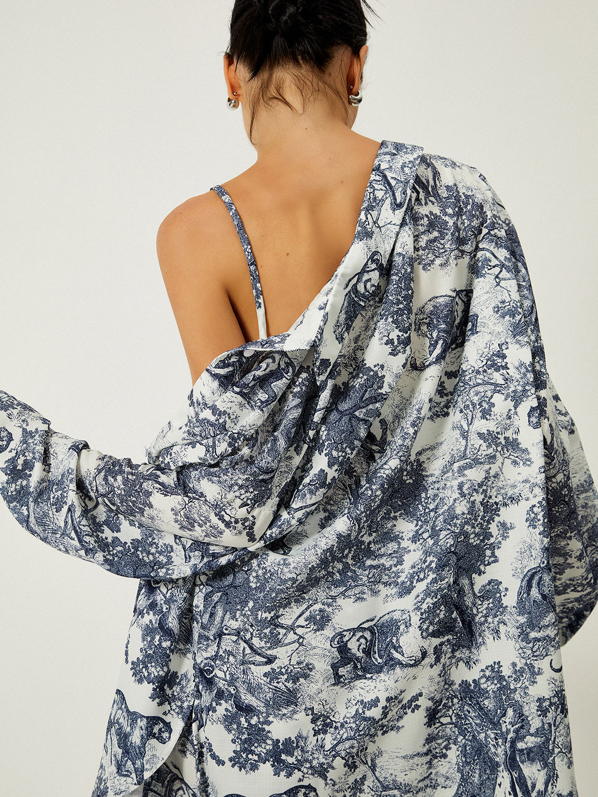 Toile Print Oversized Shirt Bralette Top and Short Three-Piece Set