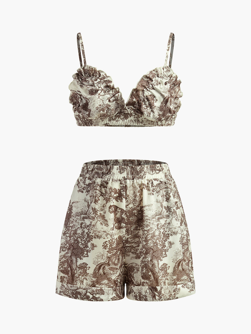 Toile Print Oversized Shirt Bralette Top and Short Three-Piece Set
