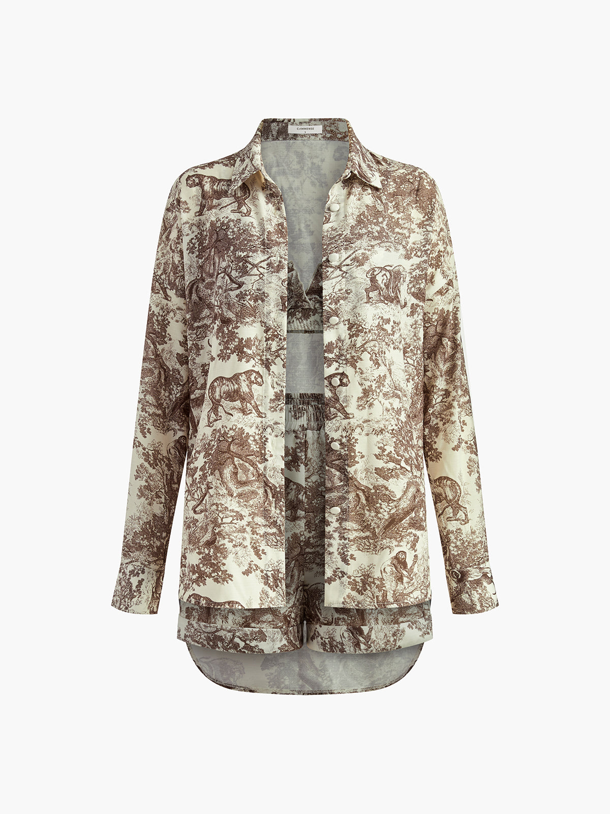 Toile Print Oversized Shirt Bralette Top and Short Three-Piece Set