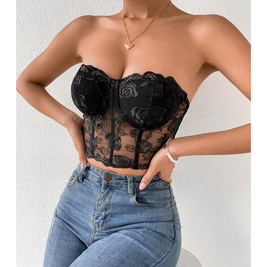 Lacy Floral Open-Back Short Y2K Seductive Crop Top