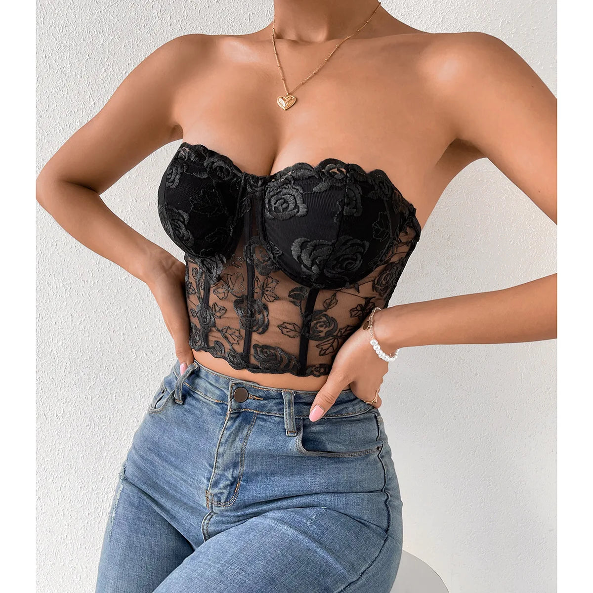 Lacy Floral Open-Back Short Y2K Seductive Crop Top