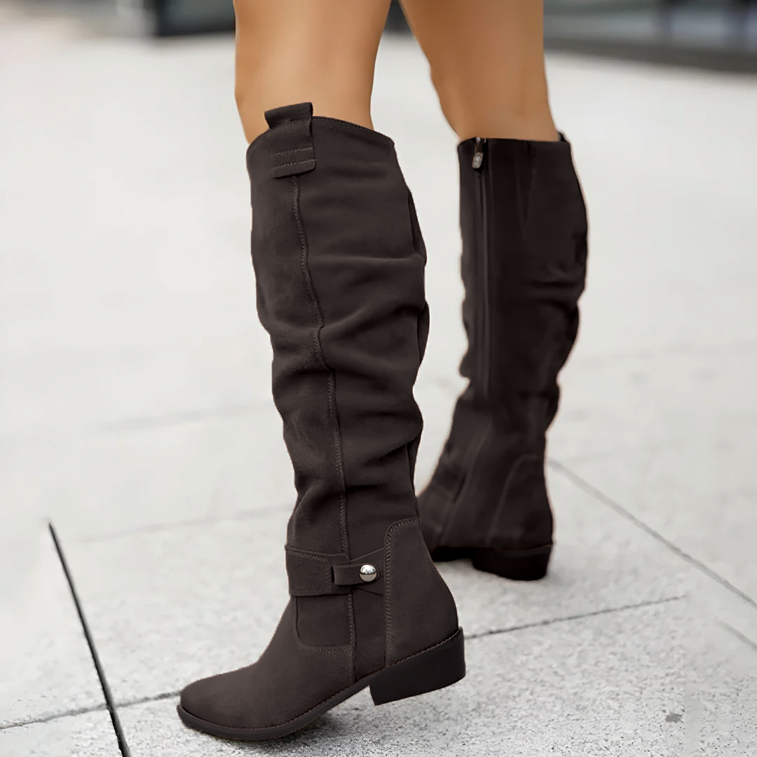 Suede Slouch Ankle Strap Low Block Heel Knee High Boots