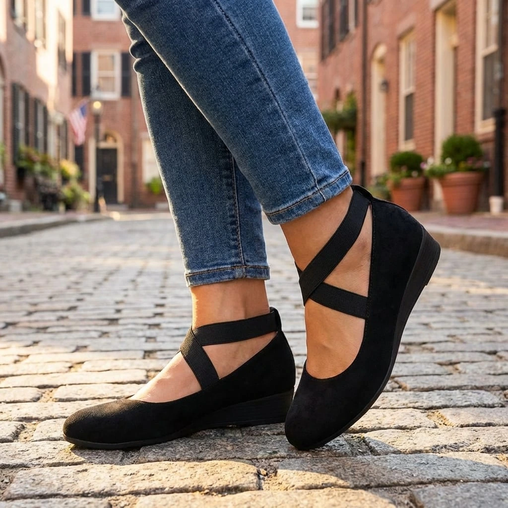 Suede Crossover Elastic Strap Closed Toe Wedge Sandal