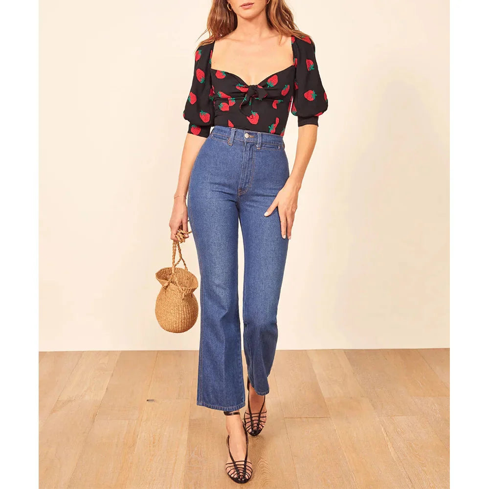 Strawberry Print Sweetheart Neck Slim Smocked Puff Bloshope