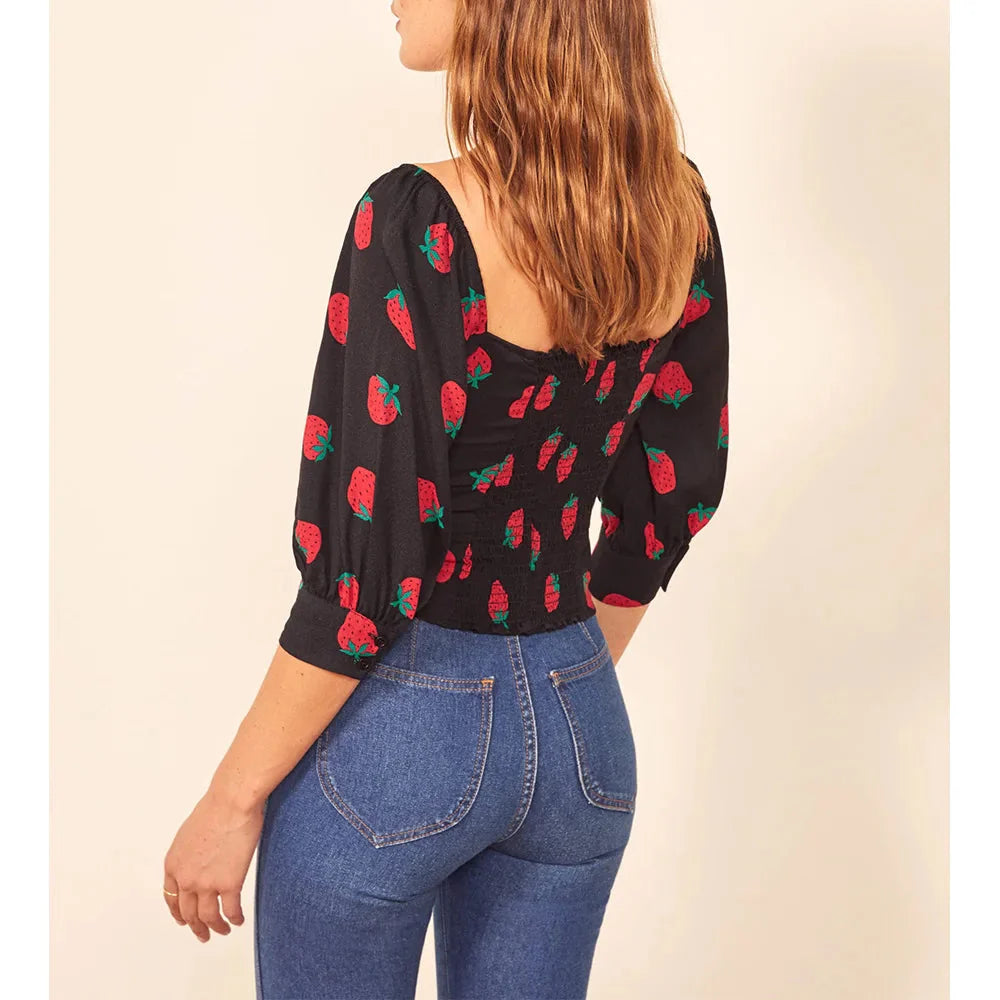 Strawberry Print Sweetheart Neck Slim Smocked Puff Bloshope