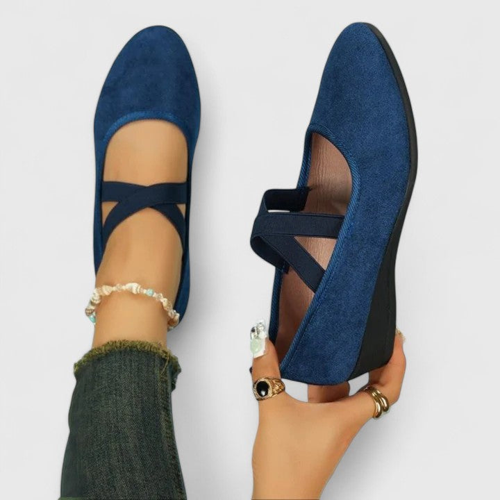 Suede Crossover Elastic Strap Closed Toe Wedge Sandal