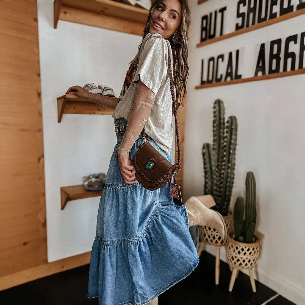 Bohemian Tiered Denim Maxi Skirt