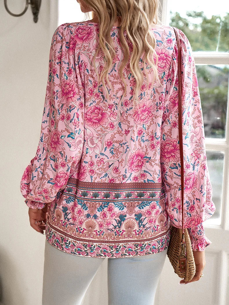 Informal V-Neck Flower Pattern Extended Sleeve Boho Top