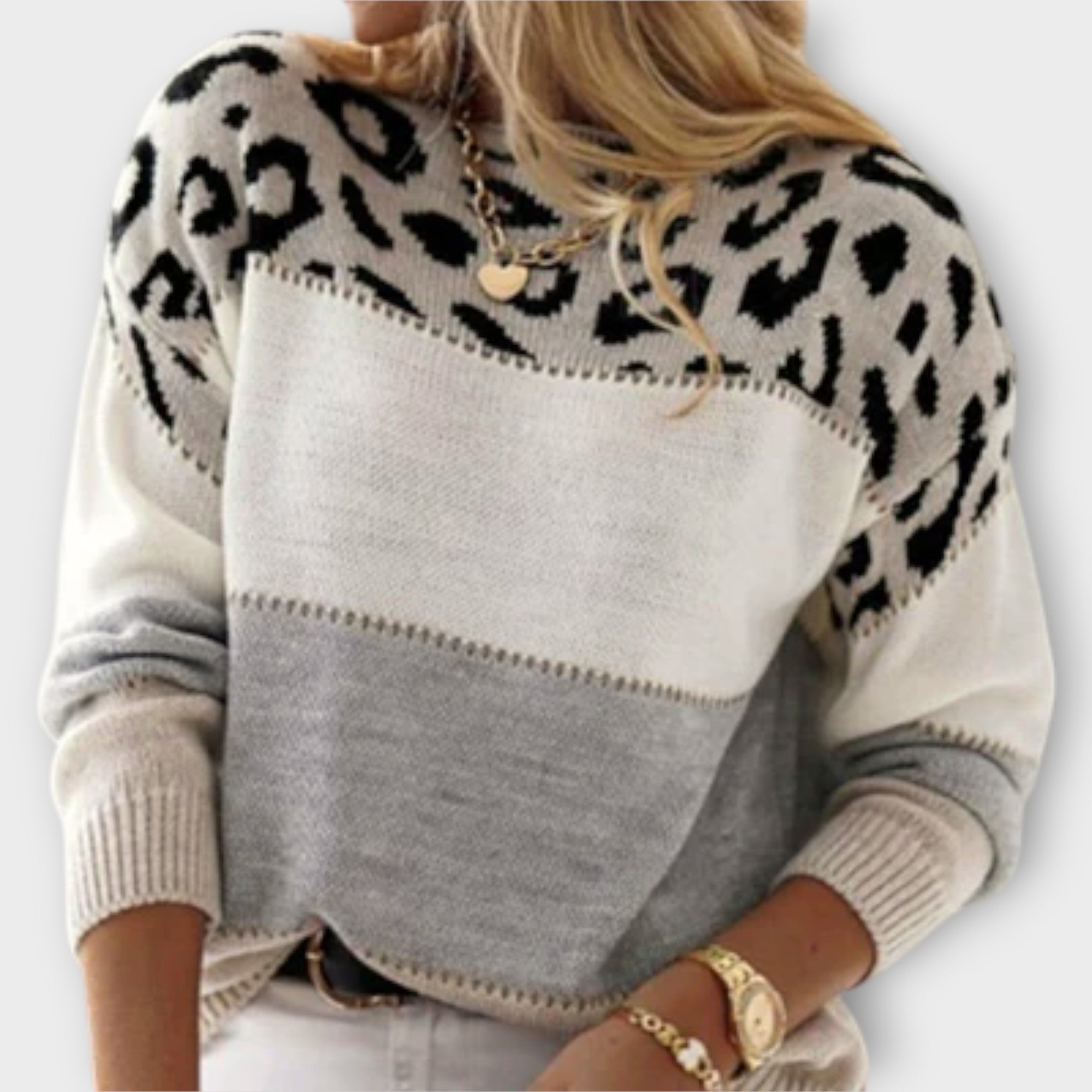 Olyxiahh | Women's Leopard Print Colourblock Crew Neck Sweater