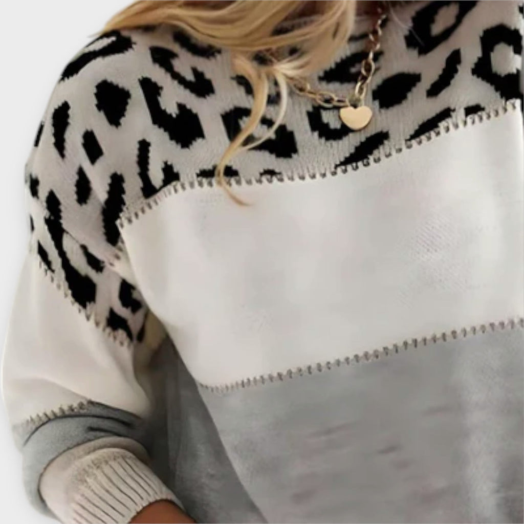 Olyxiahh | Women's Leopard Print Colourblock Crew Neck Sweater