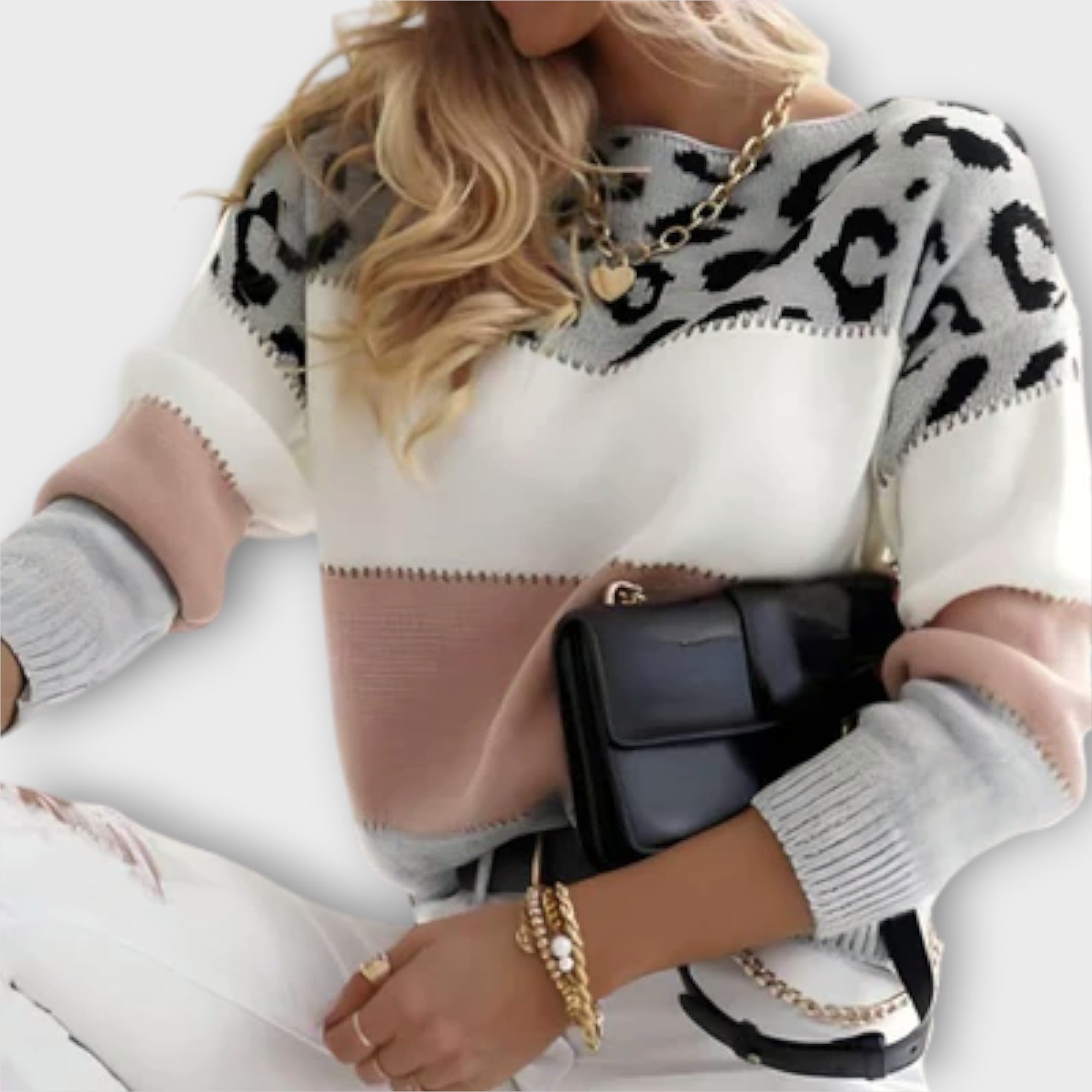 Olyxiahh | Women's Leopard Print Colourblock Crew Neck Sweater
