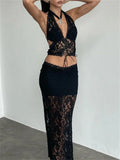 Black Lace Halter Crop Top High Waist See Through Maxi Skirt