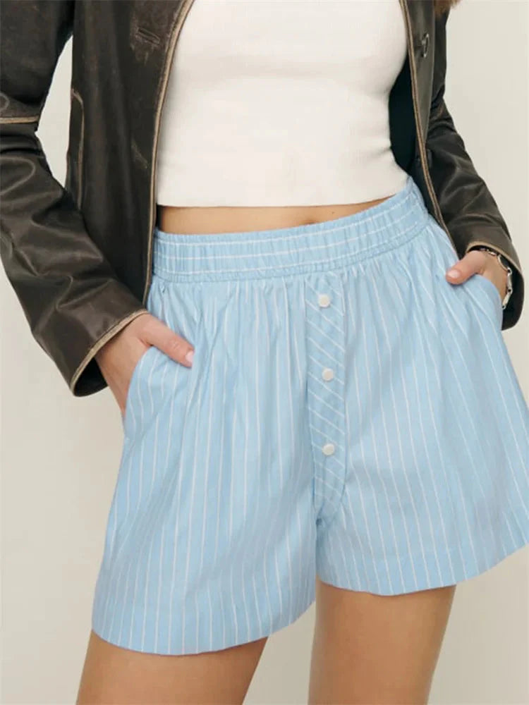 Striped Button Wide Leg Short