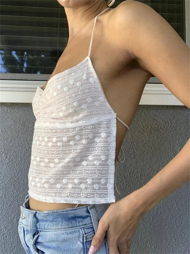 Floral Halter Backless Y2K Fairycore Crop Tank Top