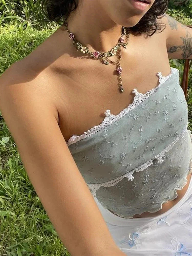Lace Mesh Y2K Strapless See-through Tube Crop Top