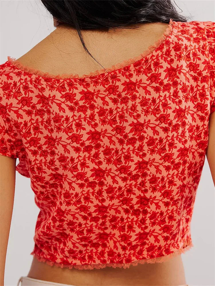 Retro Slim Fit Floral Button V-neck Crop Top