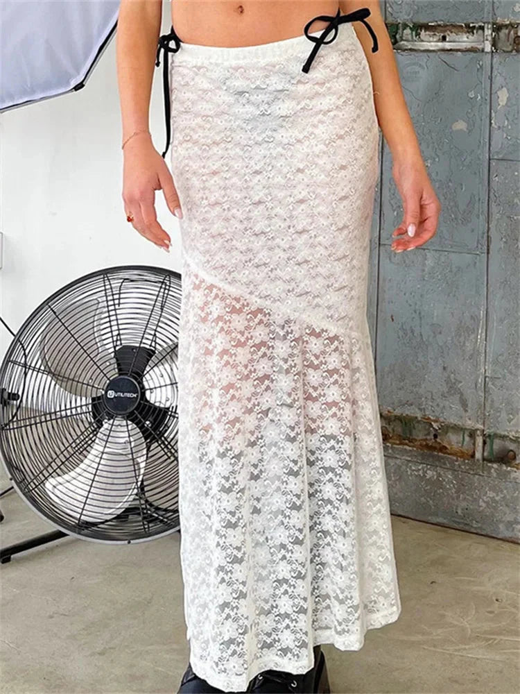 Y2K Grunge Lace Mesh See Through Bow Tie Long Skirt