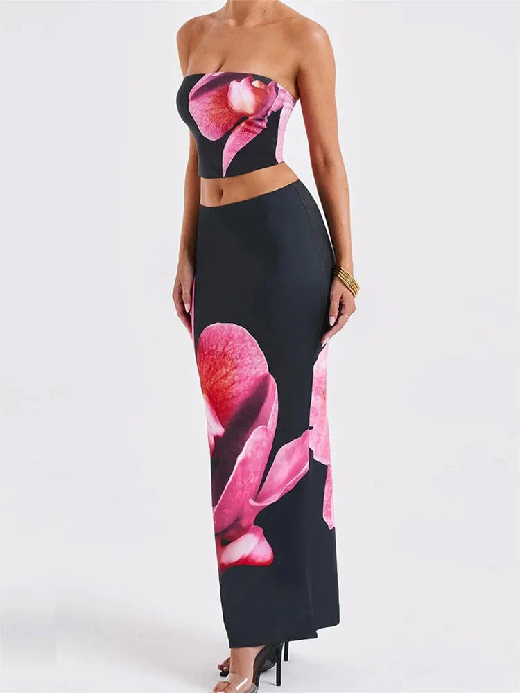 Sexy Floral Print Tube Top Elastic Waist Bodycon Skirt Set