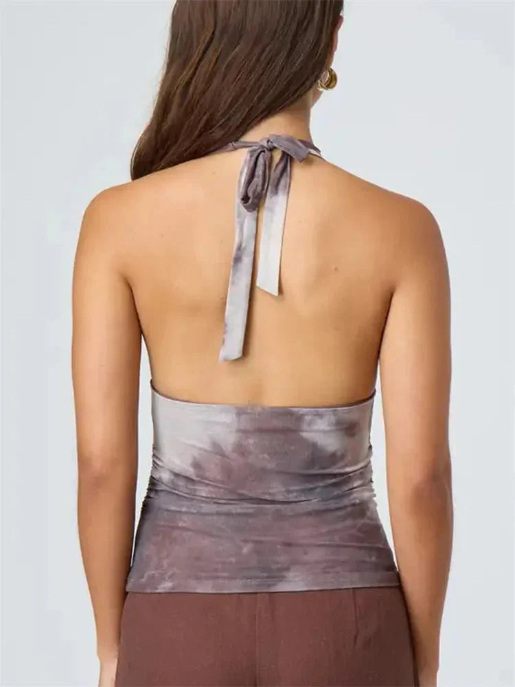 Sexy Tie-up Halter Tie-dye Ruched Crop Top