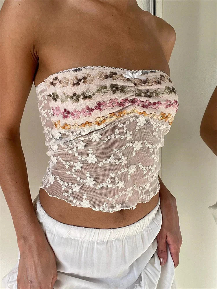 Vintage Embroidery Flower Strapless Tube Crop Top