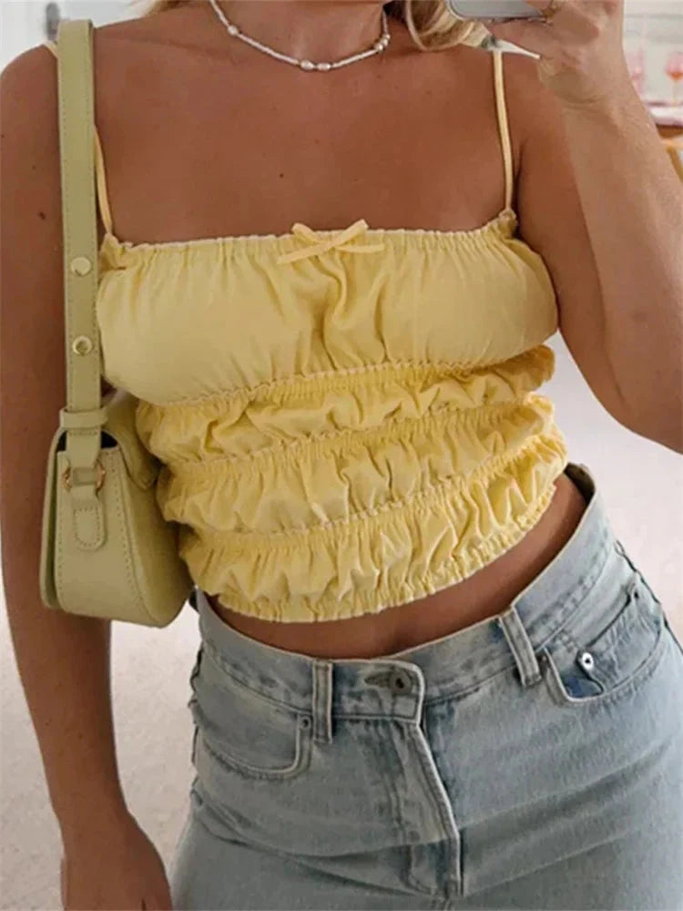 Vintage Ruched Solid Bow Slim Crop Top