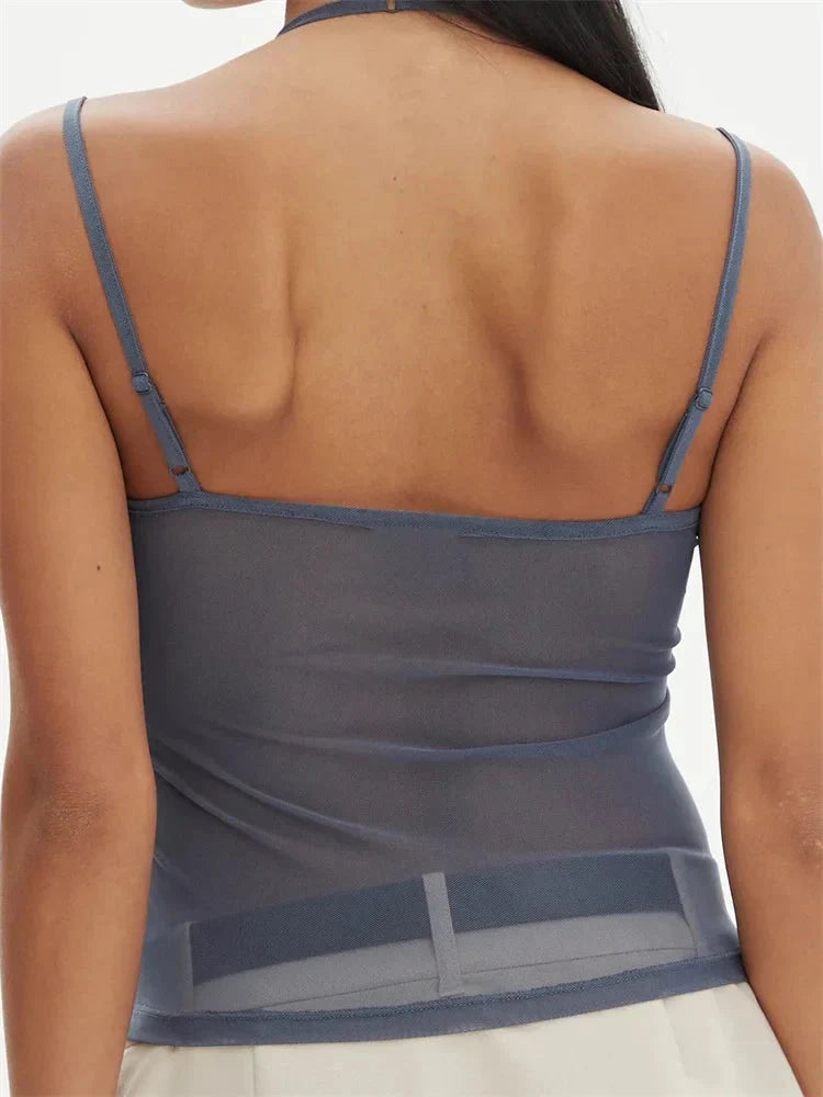 Sleeveless Strap Patchwork Mesh Tank Crop Top