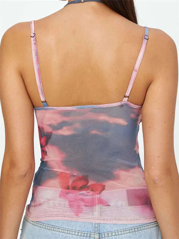 Sleeveless Strap Patchwork Mesh Tank Crop Top