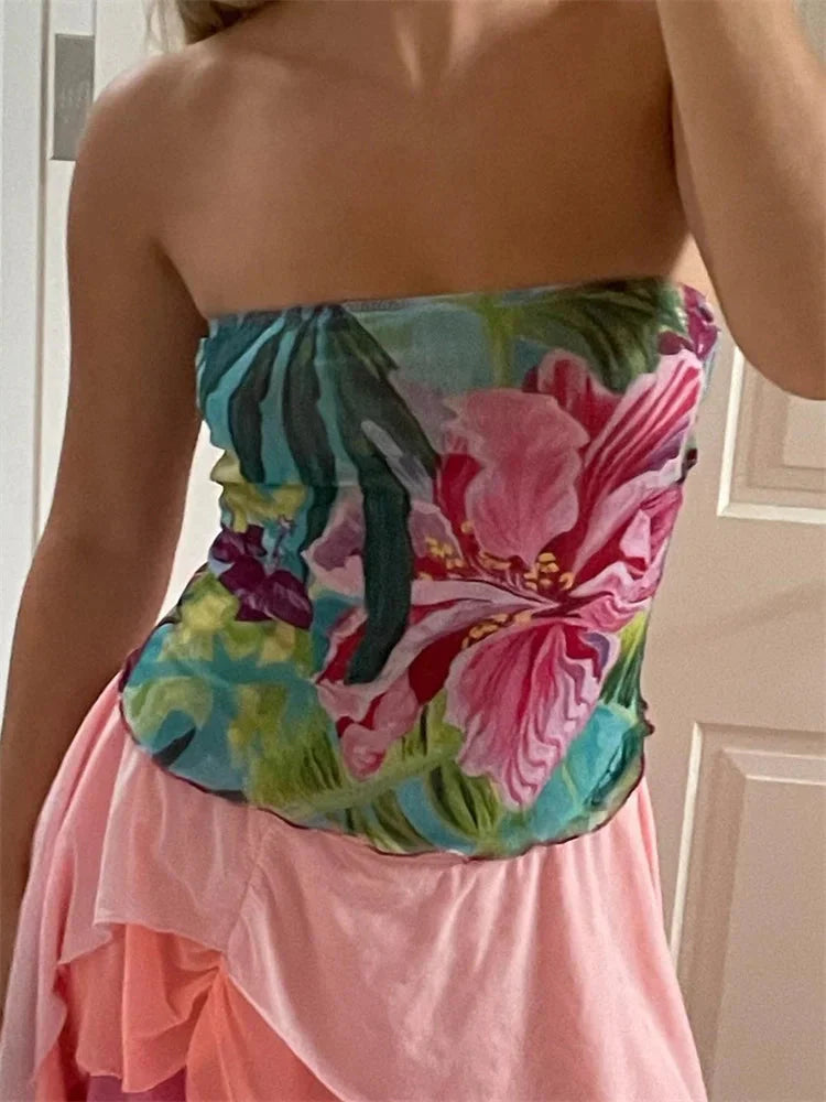 Flower Print Strapless Backless Tube Crop Top