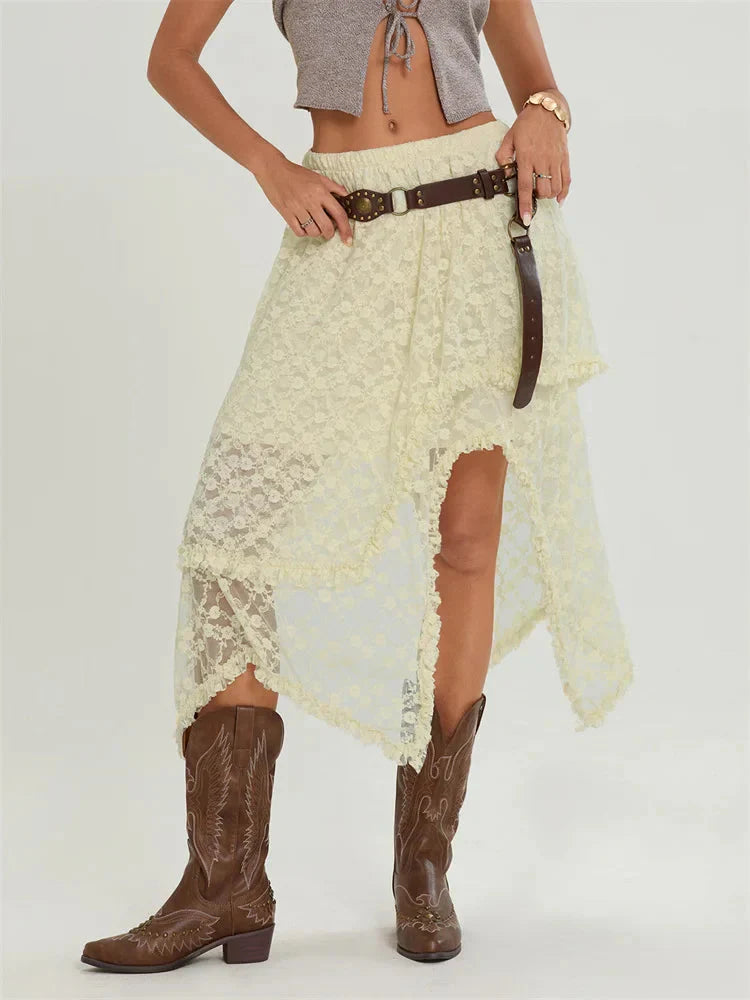 Midi Lace Floral Irregular Hem Elastic Waist Summer Skirt