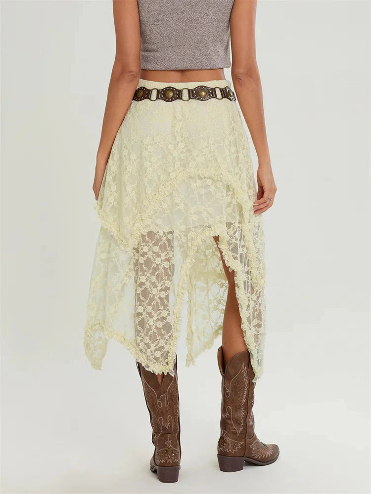 Midi Lace Floral Irregular Hem Elastic Waist Summer Skirt