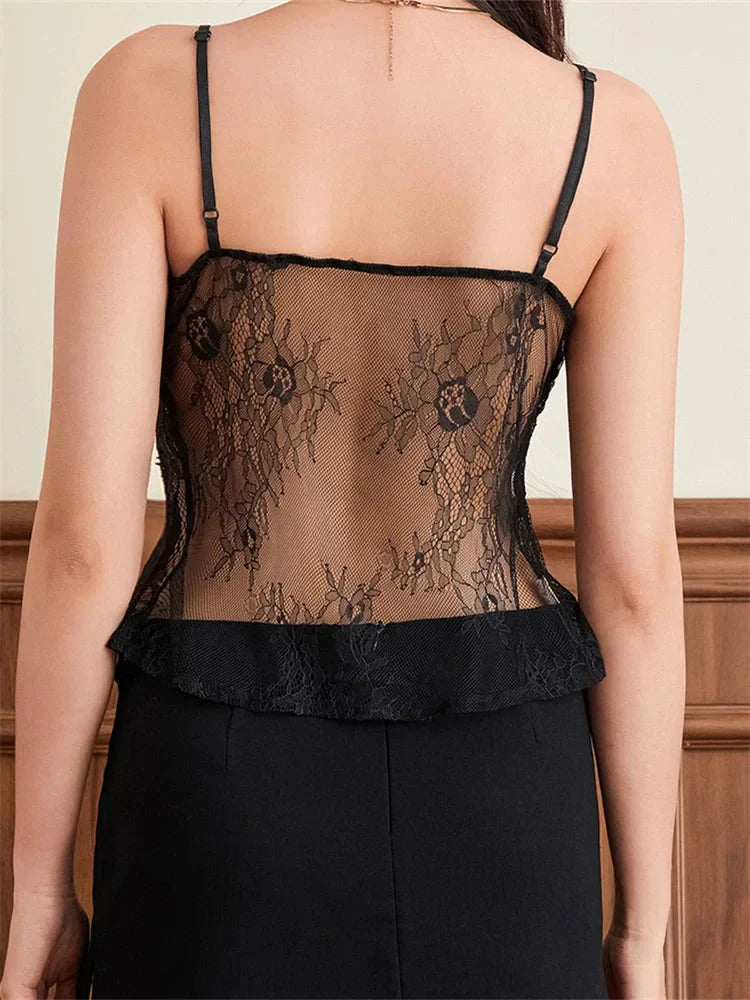 Lace Spaghetti Strap Split See-through Crop Top