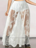 Lace Floral Long Maxi Skirt Solid Mesh Built-in Shorts Skirt